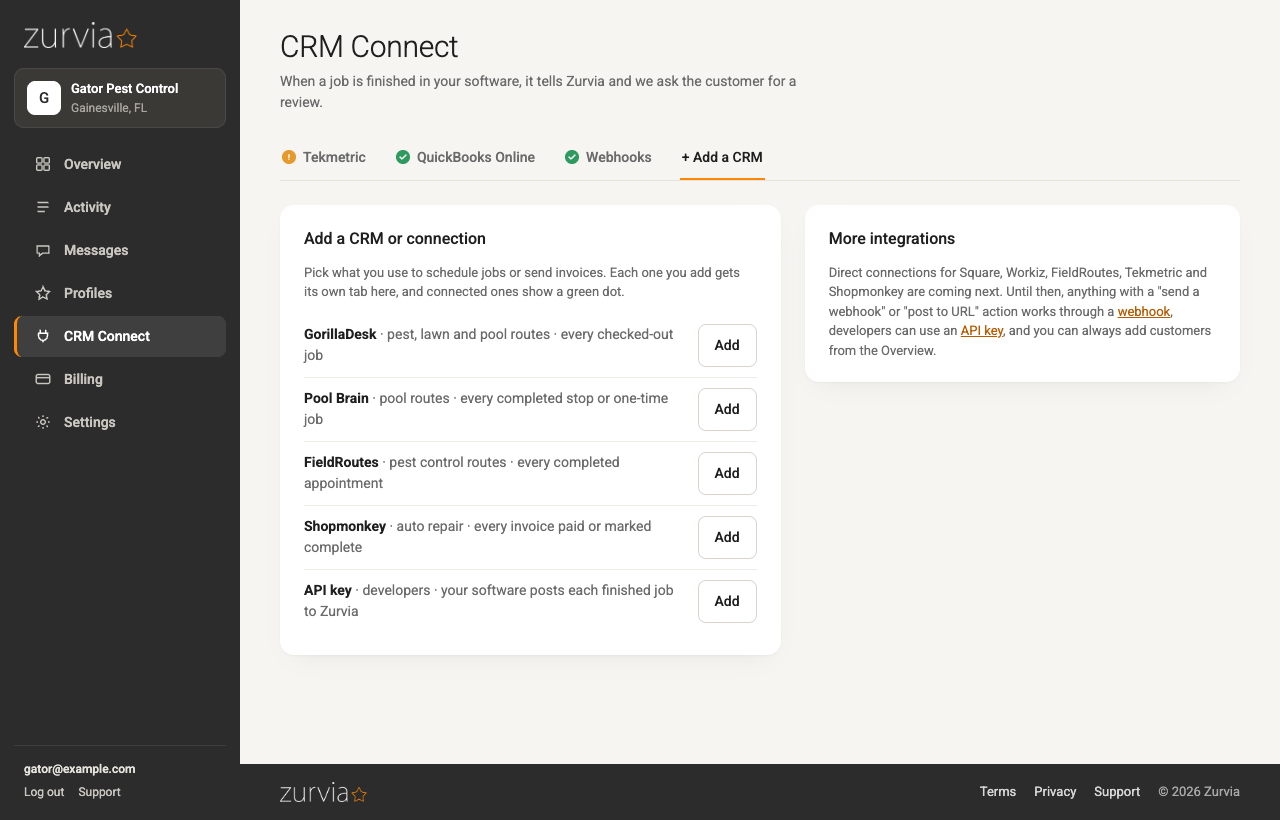 The CRM Connect page in Zurvia with Jobber connected and other software ready to add